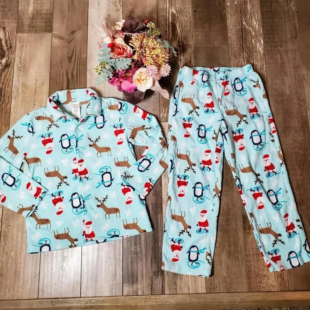 Gymboree Blue Winter Christmas Santa Penguin Reindeer Size 5/6 Fleece PJ Set
